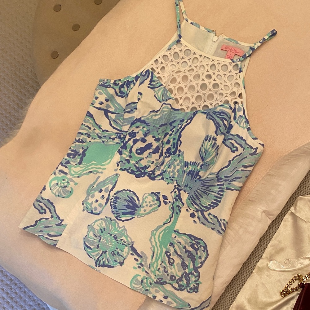 Lilly Pulitzer Blue and Green Seashell Tank Top